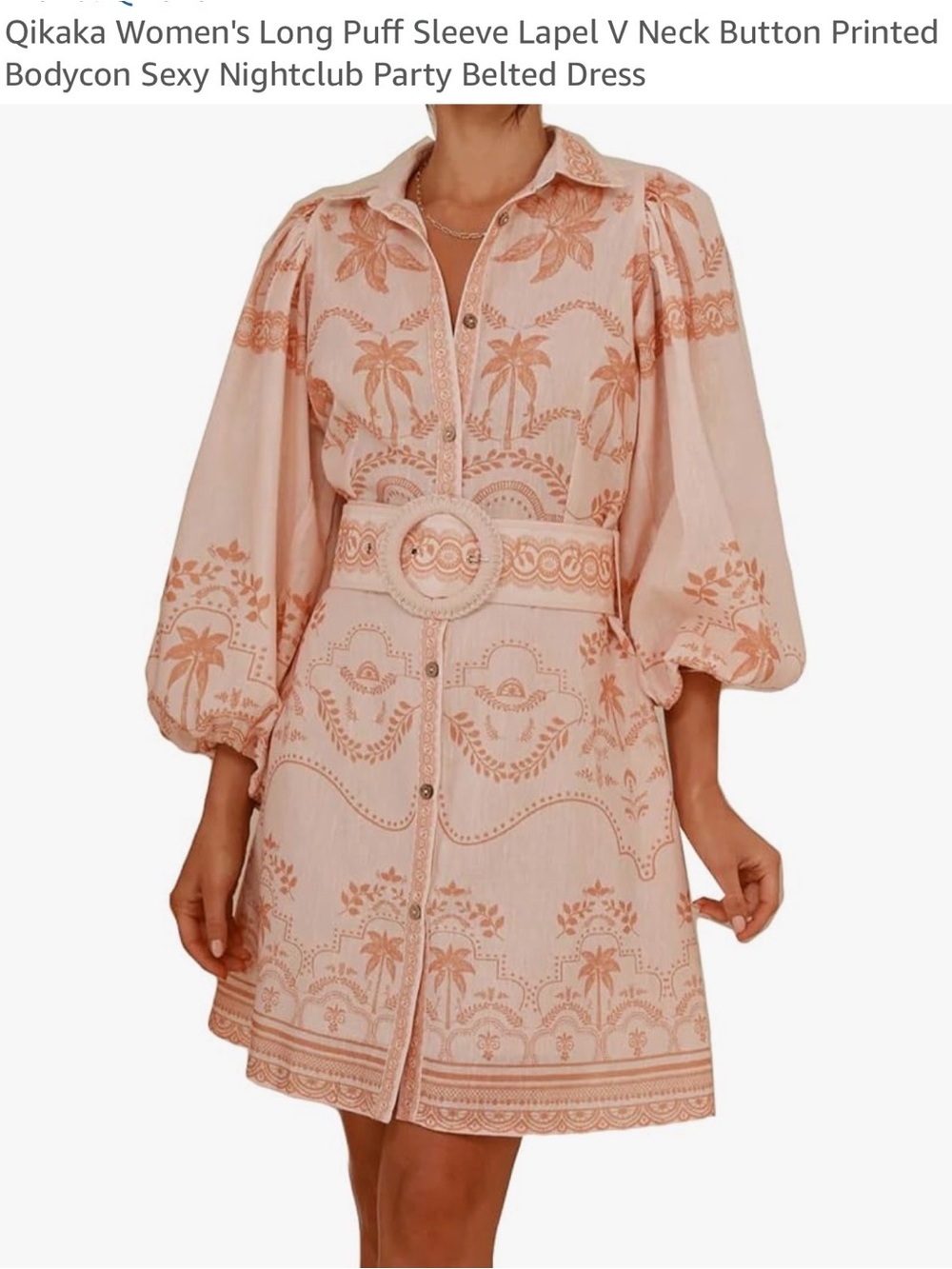 Printed Pink Puff-Sleeve Midi Dress with belt at Waist